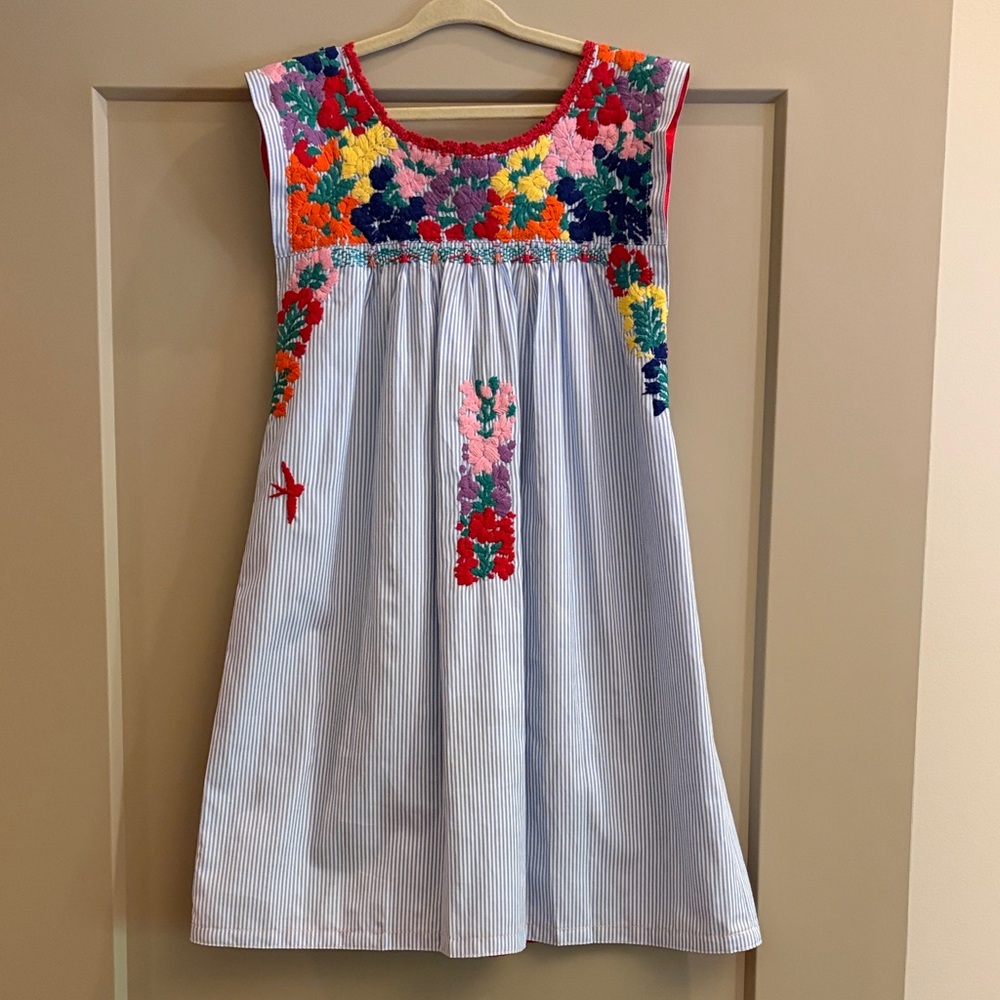 Mi Golondrina Girls' Striped Dress with Colorful Floral Embroidery - Blue size 6